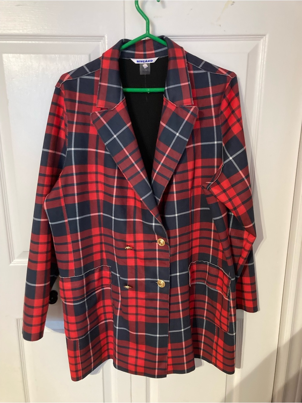 Peter Nygard Red and Navy Plaid Double-Breasted Blazer
